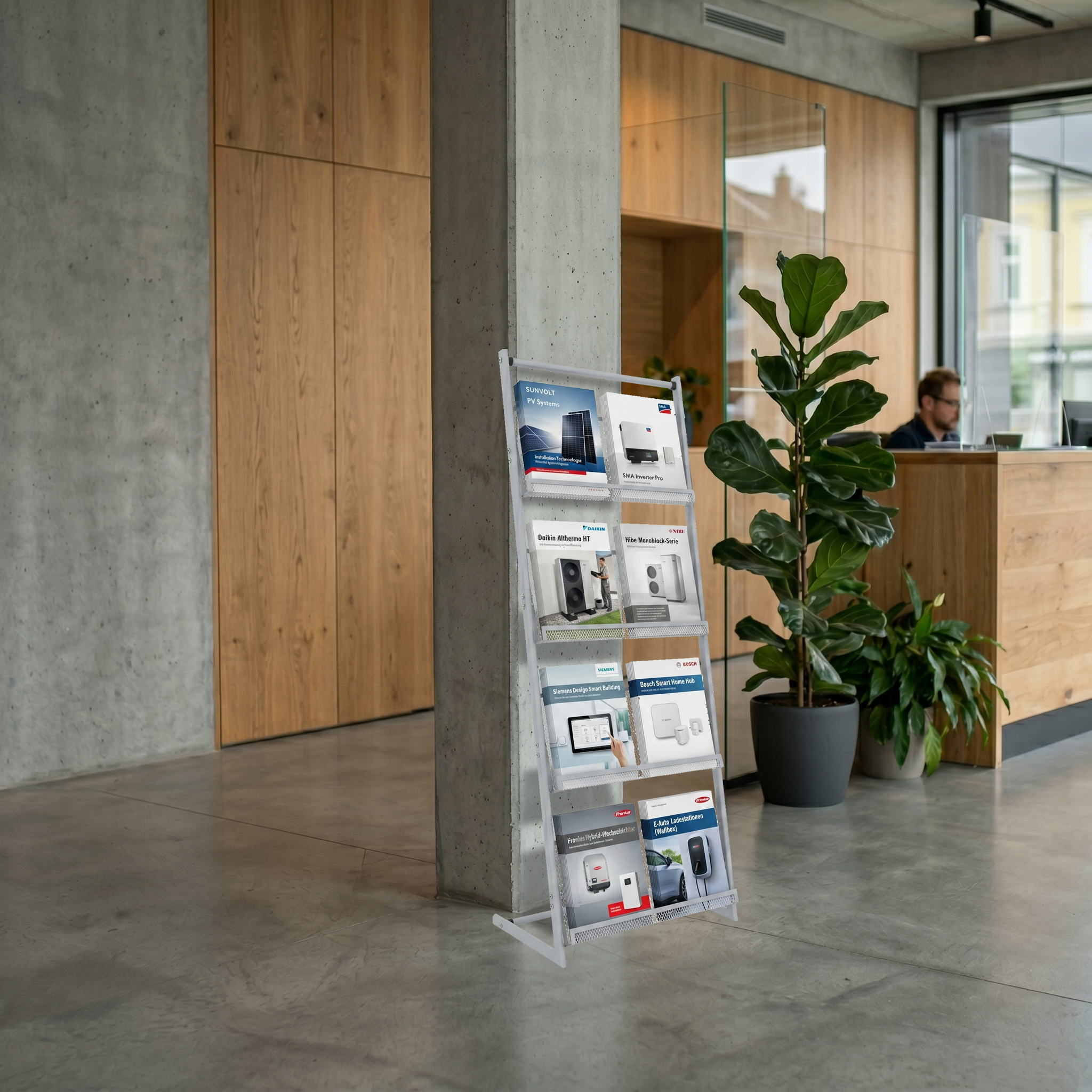 Magazinständer,  Broschürenständer, Messekatalog, Halle, Innenraum
