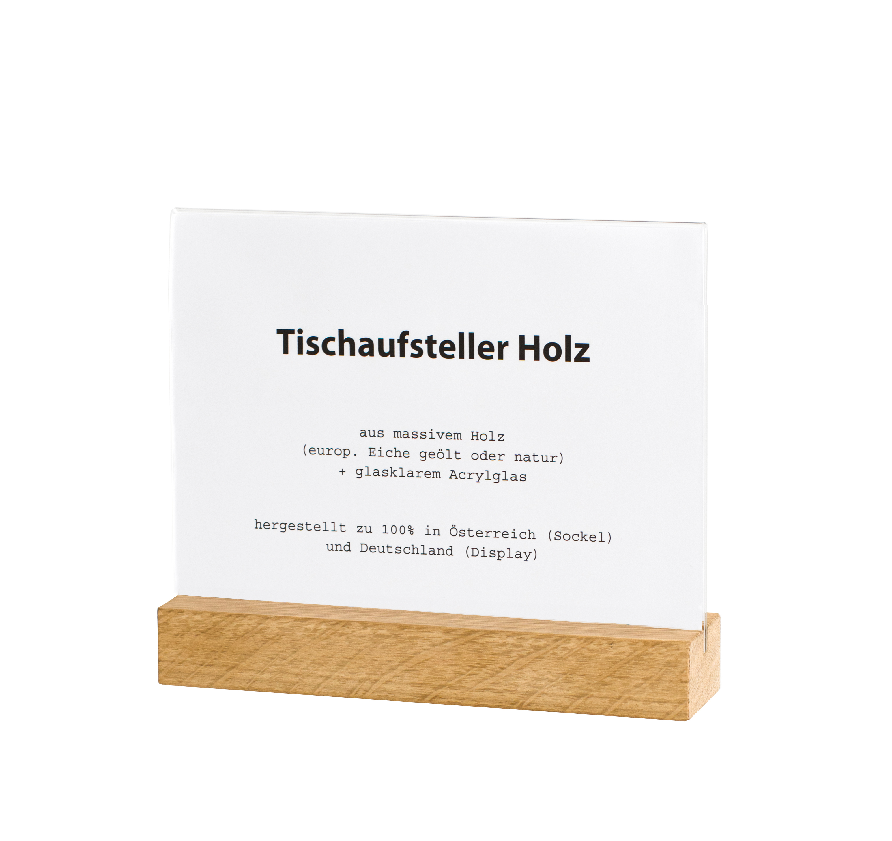 Holz Tischaufsteller, Tischaufsteller Holz, Acrylglas, klar, Holzbasis