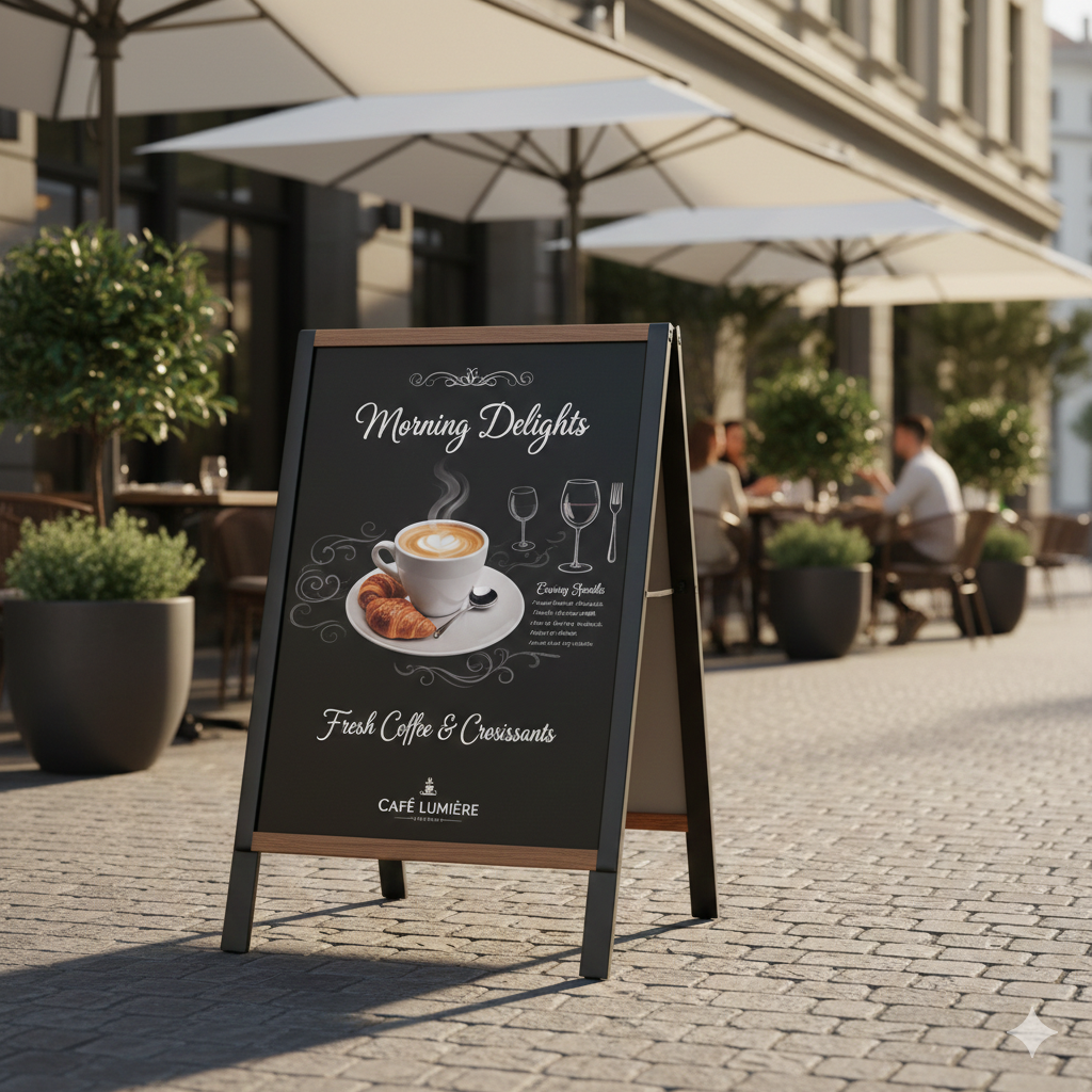 Kaffee, Café-Aushang, Kaffeezeichen, Croissant, Schaustafel