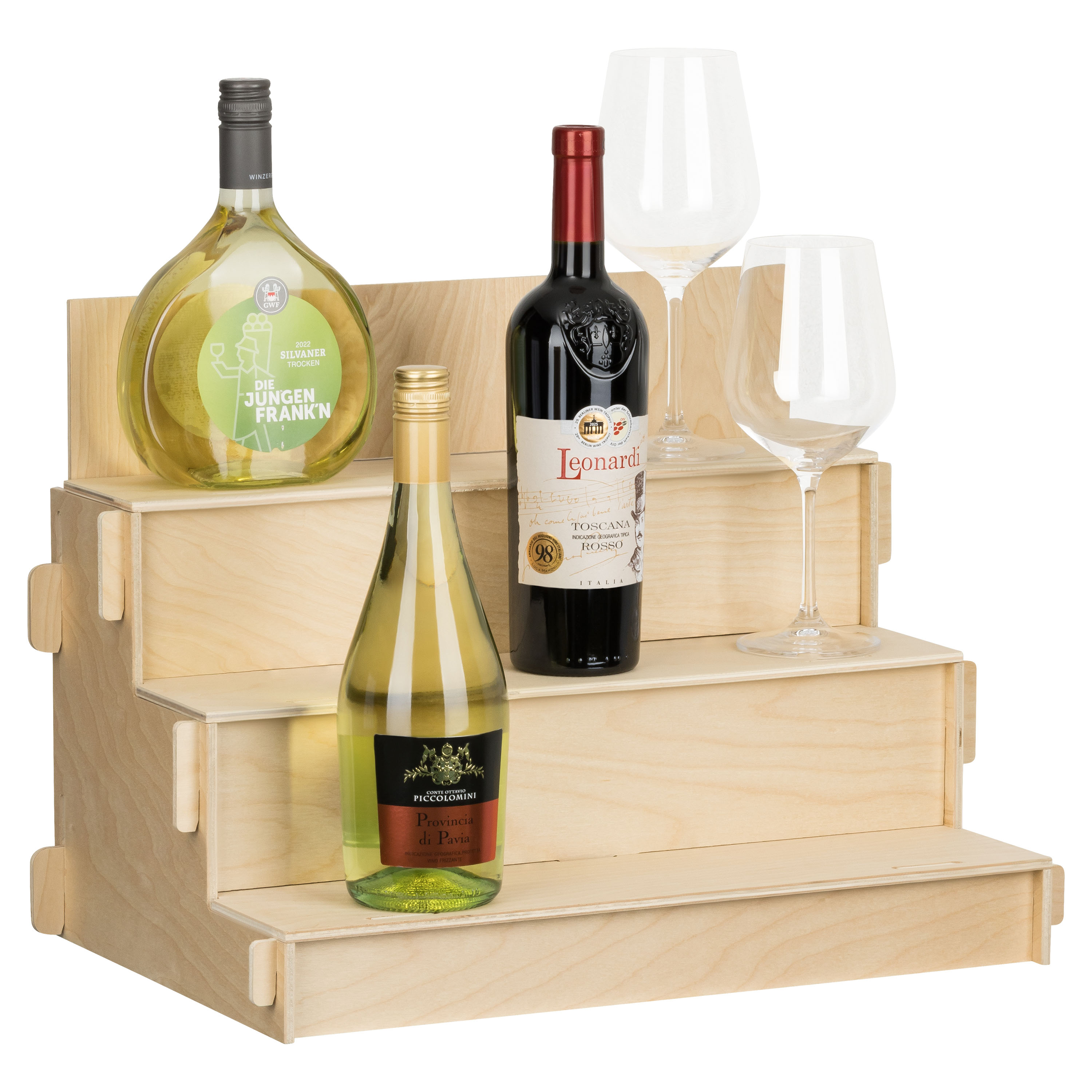 Weinset, Weinflasche, Gläser, Holzregal, Korbset