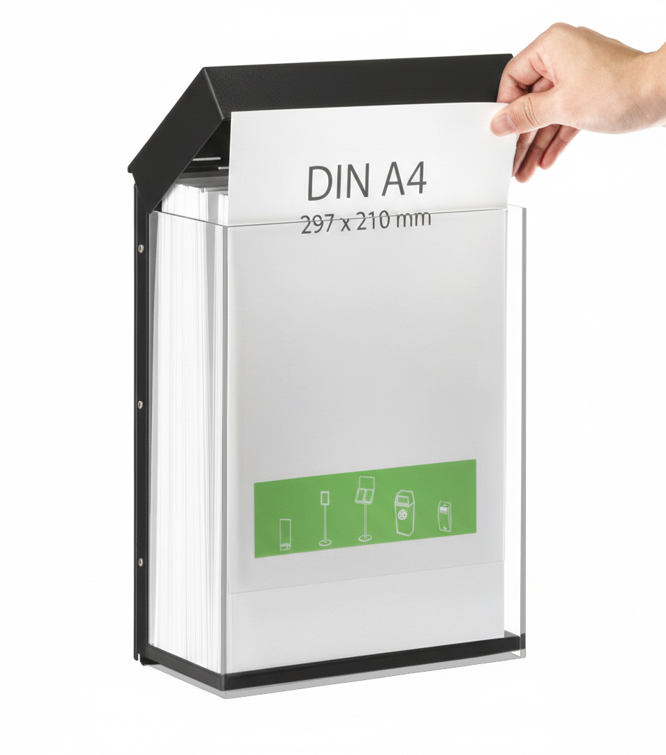 DIN A4, Mülleimer, Brieftasche, Papier, Beschriftung