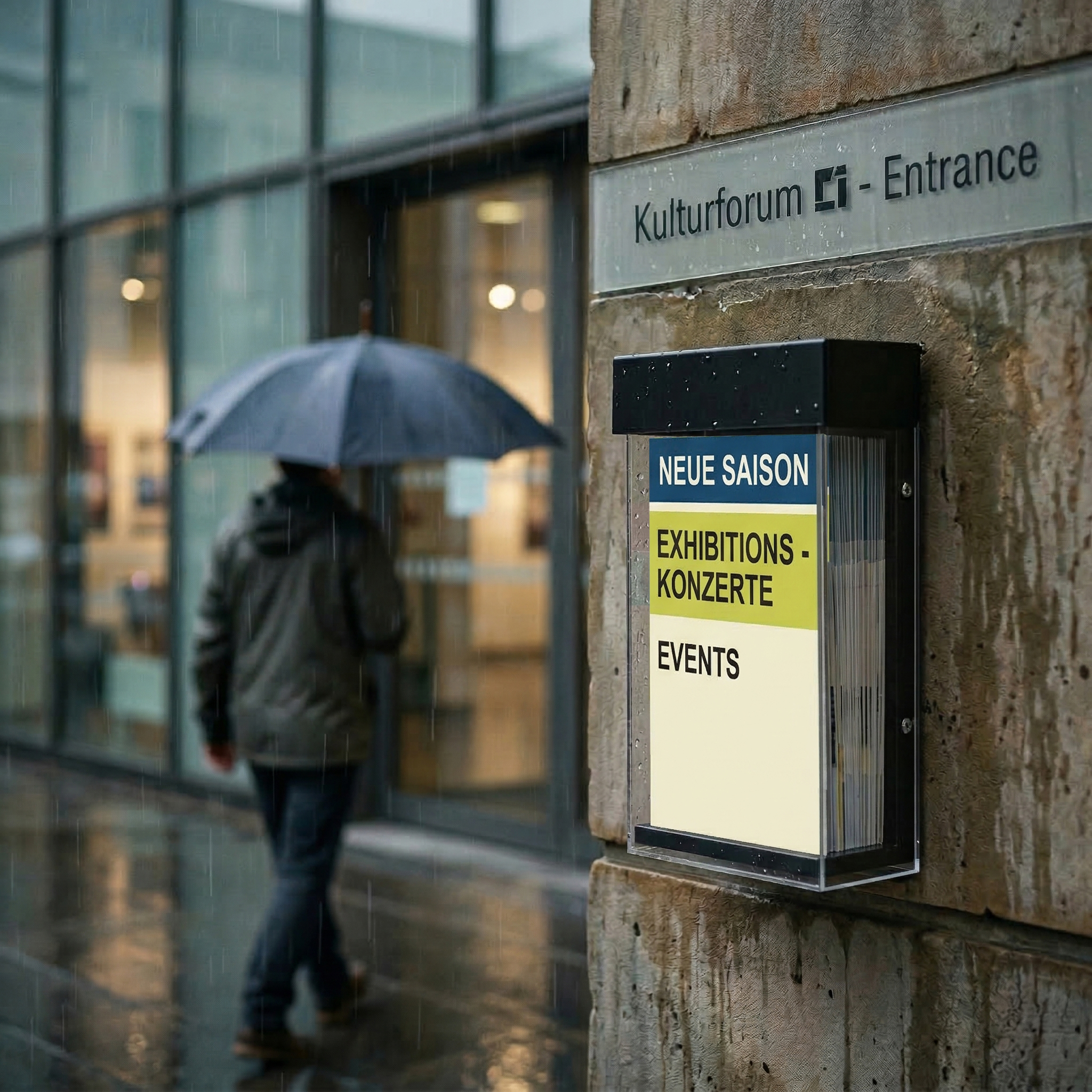 Regenschirm, Gehender Mann, Niederschlag, Öffentliches Gebäude, Schaukasten/Signaletafel