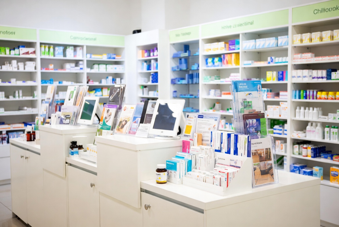 Apotheke, Apothekenregal, Medizinprodukte, Verkaufstisch, Brillenständer