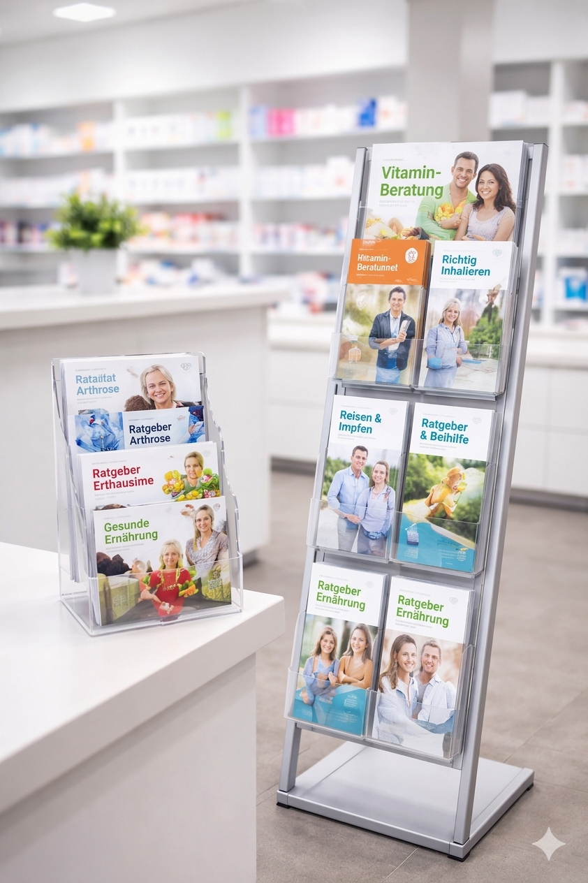 gesundheitsratgeber, pharmazie, broschürenständer, medizindokumente, ratgeber ernährung