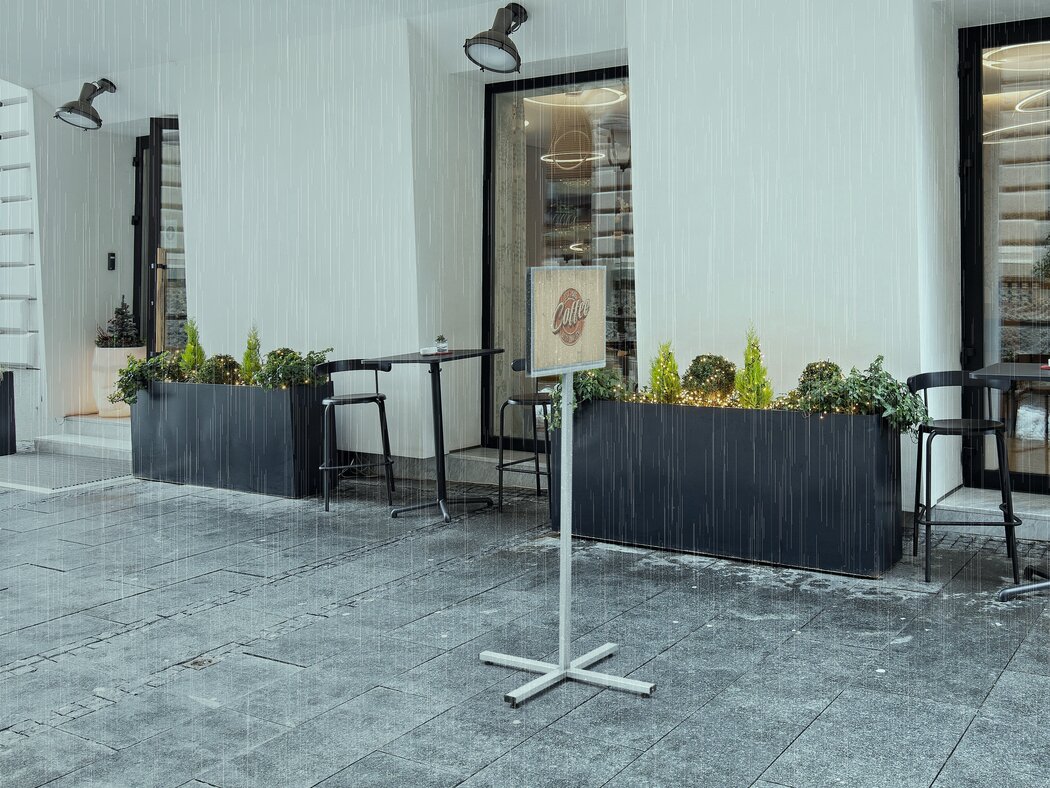 regenkleider, stuhl, tisch, pflanzkübel, outdoor-mean